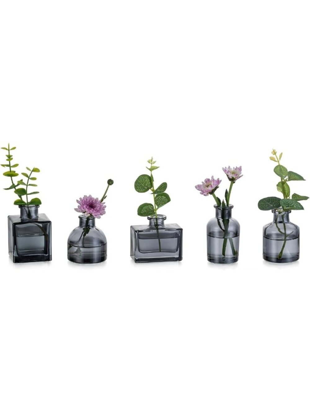 Mini Smoke Gray Glass Bud Vases Set of 5 - Small Flower Vases for Home Decor
